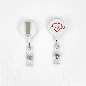 Retractable badge reel with heart ECG design showing front and back clip details for daily use.
