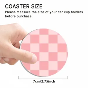 Pink checkered car cup coaster detail view, 7cm diameter anti-slip auto coaster insert.