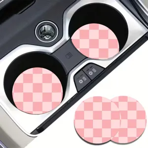 Pink checkerboard car cup coaster anti-slip silicone interior accessory detail shot