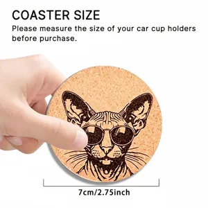 Cork car cup holder coaster with cool cat print, 7cm diameter absorbent drink mat detail.
