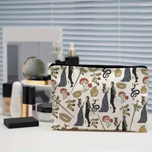 Canvas cosmetic bag with fantasy illustration zipper pouch portable travel makeup organizer.
