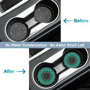 Car cup holder coasters set, absorbent silicone mats with mandala pattern for vehicle interior.