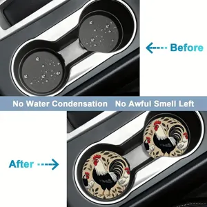 Car cup coasters set featuring vintage rooster design, absorbent and anti-slip for auto interior.
