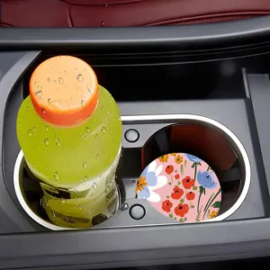 Round car cup coaster, non-slip floral silicone drink holder insert for automotive interior decor.