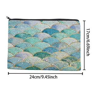 Close up detail view of blue mosaic pattern cosmetic pouch with zipper and dimensions.
