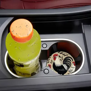 Universal car cup holder coaster featuring a vintage rooster and foliage print design for interior.