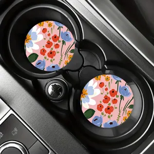 Round car cup holder coaster with colorful floral print, anti-slip anti-skid auto accessory.