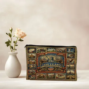 Detailed view of the 250th anniversary themed canvas cosmetic bag with vintage stamp patterns.