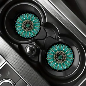 Car cup holder coasters with vibrant turquoise mandala pattern, absorbent 2-piece set.
