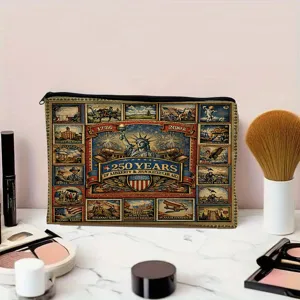 Vintage American 250th anniversary makeup bag, stylish patriotic canvas cosmetic pouch.