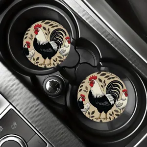 Vintage rooster car cup coasters, absorbent non-slip round auto beverage coasters 2pcs