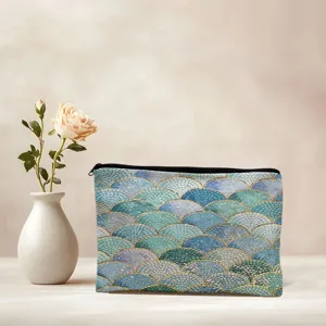 Blue green mosaic pattern zipper cosmetic pouch portable makeup storage bag detail view