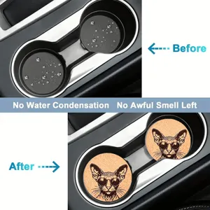 Car cup holder absorbent cork coasters with cool cat design, anti-slip auto drink coasters.