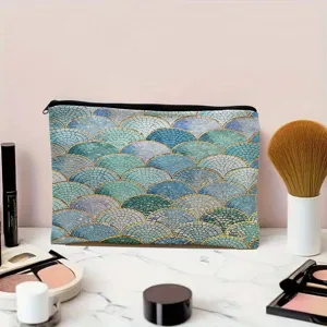 Blue mosaic pattern cosmetic bag portable makeup pouch travel zipper clutch storage organizer