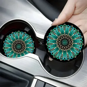 Car cup holder coasters with geometric mandala peacock feather print absorbent ceramic pads.