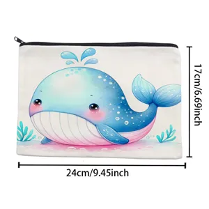 Niedliche blaue Wal-Leinwand Make-up-Tasche Detailansicht mit kompaktem Design und Reißverschluss.