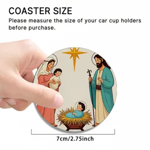 Christmas car coaster with religious Nativity pattern, absorbent cup holder mat 7cm.