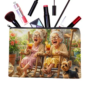 Stylish canvas cosmetic pouch with funny vintage print, ideal for makeup storage detail.