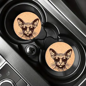 Absorbent car cup coasters with cool cat pattern, non-slip drink coasters for vehicle interior.