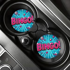 Nahaufnahme von stilvollen runden Silikon Auto-Getränkehalter-Untersetzern mit Bingo Motiv.
