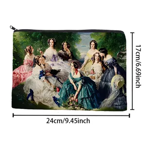 Vintage oil painting print cosmetic bag zipper pouch portable travel makeup storage handbag case.
