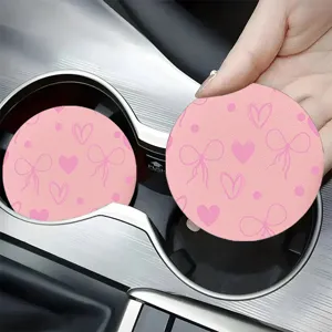 Pink car cup coaster cute heart bow design non-slip auto beverage holder insert mat 2pcs