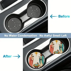 Absorbent car cup coasters with Christmas nativity scene design keep cup holders dry clean.