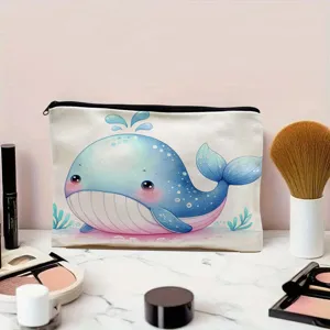 Niedliche Aquarell Blauwal Print Canvas Make-up Tasche Detailaufnahme, tragbare Tasche.