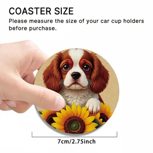 Round cute puppy sunflower car cup coaster, 7cm non-slip anti-scald beverage thermal mat.