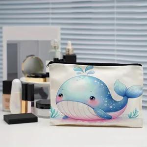 Süße Wal-Print Kosmetiktasche, leichte Canvas-Reisetasche, wiederverwendbare Aufbewahrung.