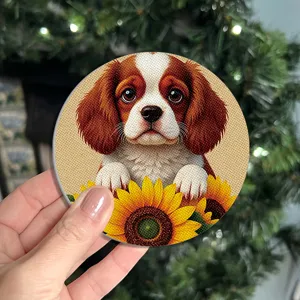 Round car cup coaster detail view, non-slip heat insulation mat with cute puppy and sunflower.
