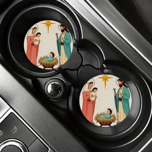 Christmas Nativity Car Coasters Absorbent Ceramic Cup Holder Inserts 2PCS Set New