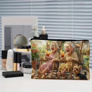 Fashionable canvas cosmetic bag with cute elderly women print, ideal for makeup storage.