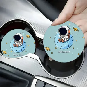 Close-up detail of cute astronaut car cup coaster, anti-slip acrylic interior mat display.