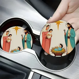 Absorbent ceramic car cup coaster with vintage religious nativity print, fits standard slots.