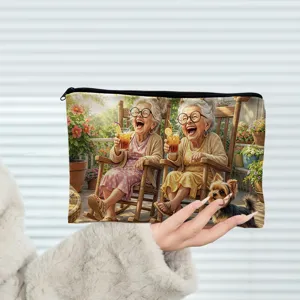 Detailed view of the cosmetic pouch featuring a cozy vintage illustration of smiling elders.