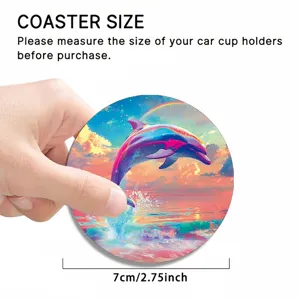Car cup coaster with vibrant dolphin and rainbow design, 7cm absorbent drink mat.