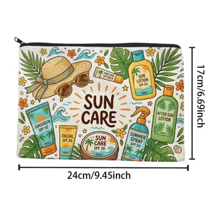 Detailansicht der Canvas Kosmetiktasche mit sommerlichem Sonnenschutz Motiv und Reißverschluss.