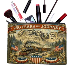 Vintage American theme canvas cosmetic bag with zipper, portable makeup pouch for women.