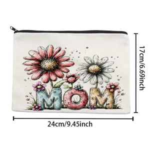 Canvas cosmetic pouch zipper bag with floral MOM design, portable daily makeup storage organizer.