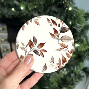 Watercolor brown autumn leaf pattern round acrylic car coaster for home office daily use
