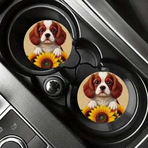 Cute dog car coaster absorbent ceramic cup holder mat non-slip auto drink insert 2pcs