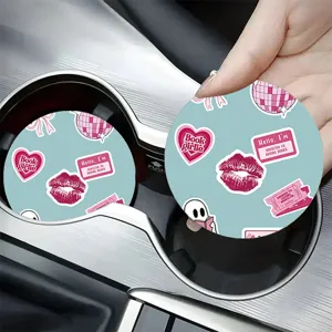 Car cup holder coasters set, aesthetic blue pink cute printed absorbent silicone coaster for auto interior.