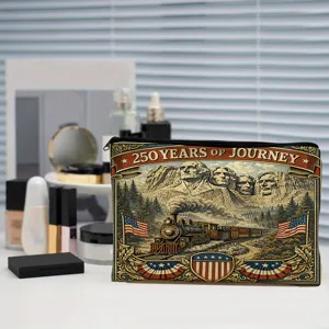 Vintage American theme cosmetic bag detail showing patriotic train and monument print.
