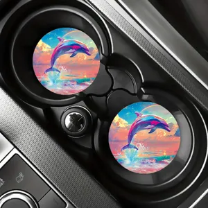 Car cup holder coasters absorbent ceramic inserts cute dolphin rainbow pink sunset design