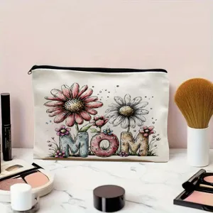 Canvas makeup bag with floral MOM design, portable zipper cosmetic pouch for women and mothers.
