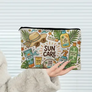Sommer Sonnenpflege bedruckte Canvas Kosmetiktasche, tragbare Reißverschlusstasche für Reisen.