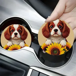Cute dog and sunflower car cup coaster, non-slip absorbent ceramic auto drink coaster pad.