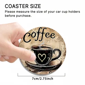 Round car cup coaster detail view, non-slip heat resistant coffee pattern 7cm diameter.