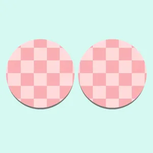 Cute pink checkerboard car coasters set, anti-slip dustproof round drink cup mats.